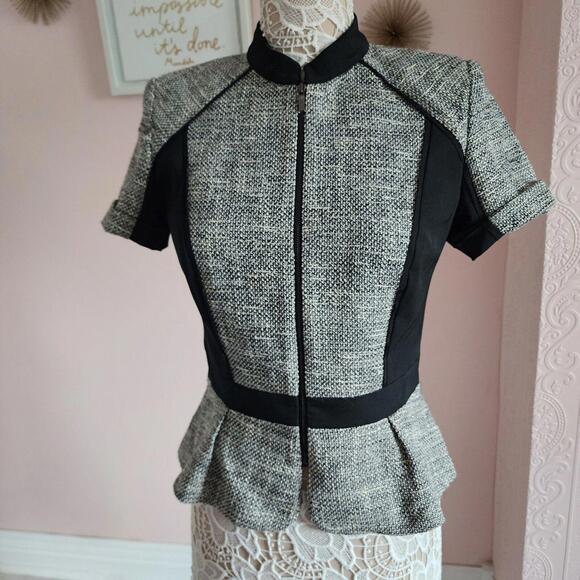 LKNW ETcetera Black white tweed short sleeve peplum blazer adorb 4 A7 - Picture 2 of 7